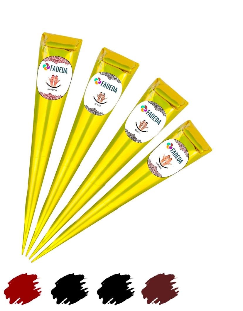4x FADEDA 100% Natural Henna Paste Cones Kegel MIX, Naturbraun, Kastanien-Braun, Schwarz, 100g
