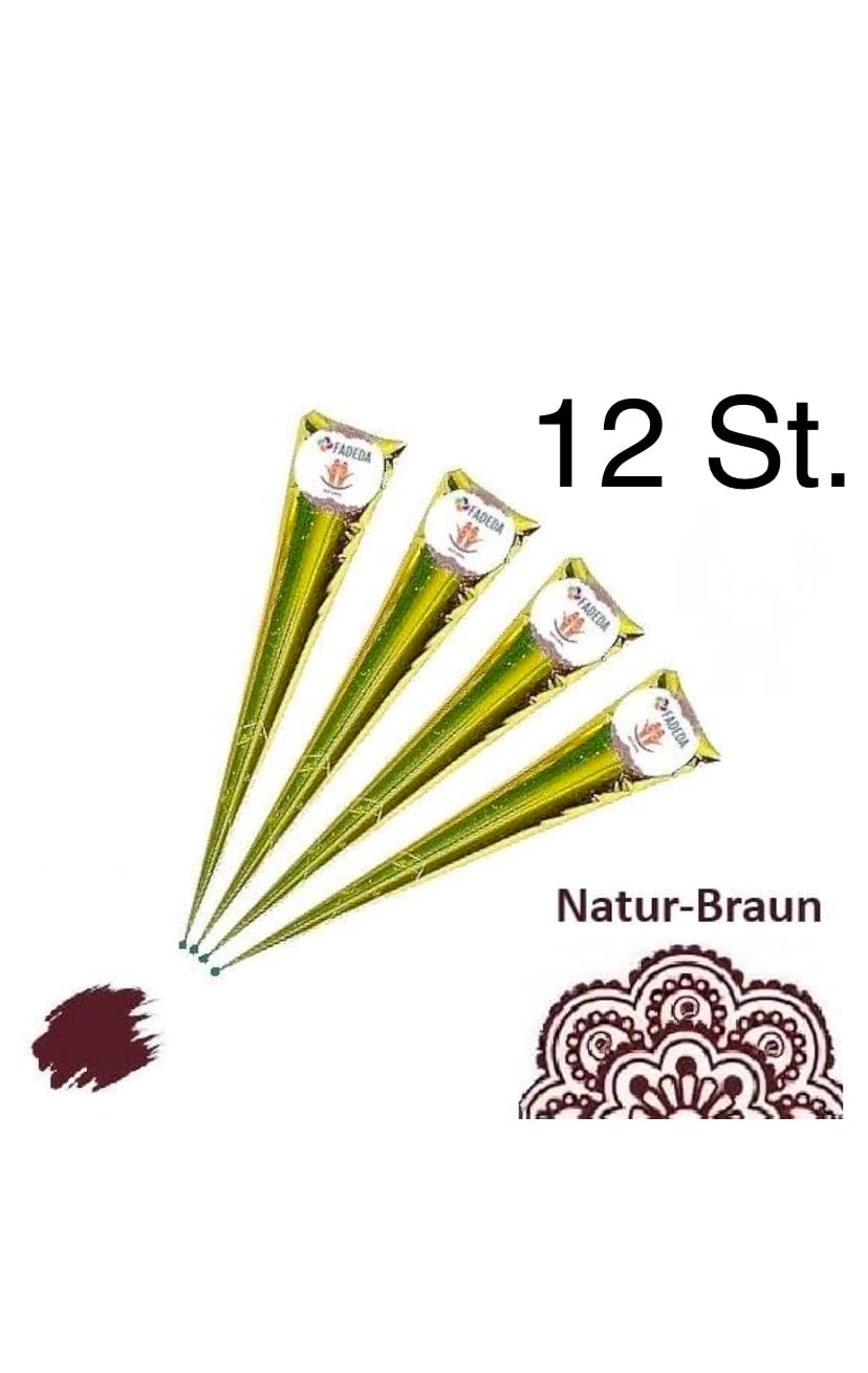 12x FADEDA 100% Natural Henna Paste Cones Kegel Natur-Braun No Mix, No PPD, 300g