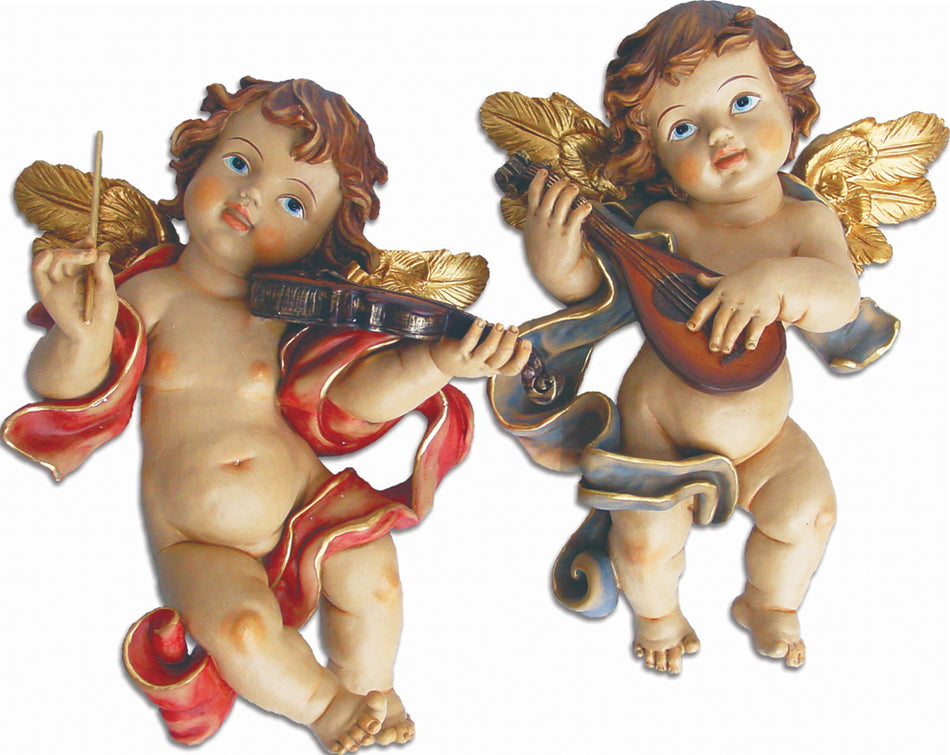 2x FADEDA Wandengel Geige & Mandoline  / Höhe:26 cm / handbemalt / detailgetreue Krippen Figuren - Weihnachten Tisch Dekoration Krippe Zubehör