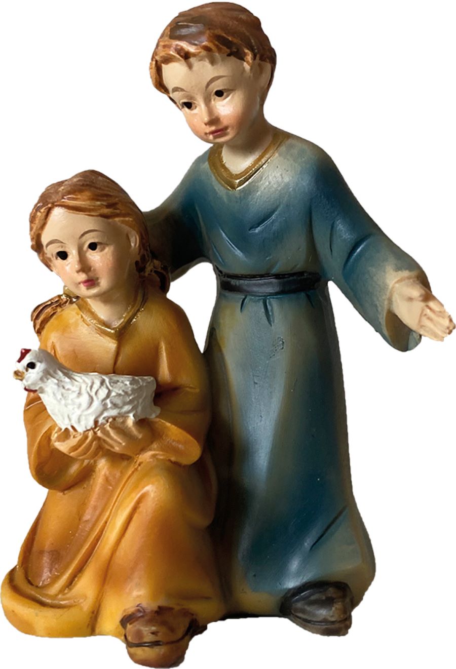 FADEDA Kinderpaar mit Huhn   / Höhe:9 cm / handbemalt / detailgetreue Krippen Figuren - Weihnachten Tisch Dekoration Krippe Zubehör