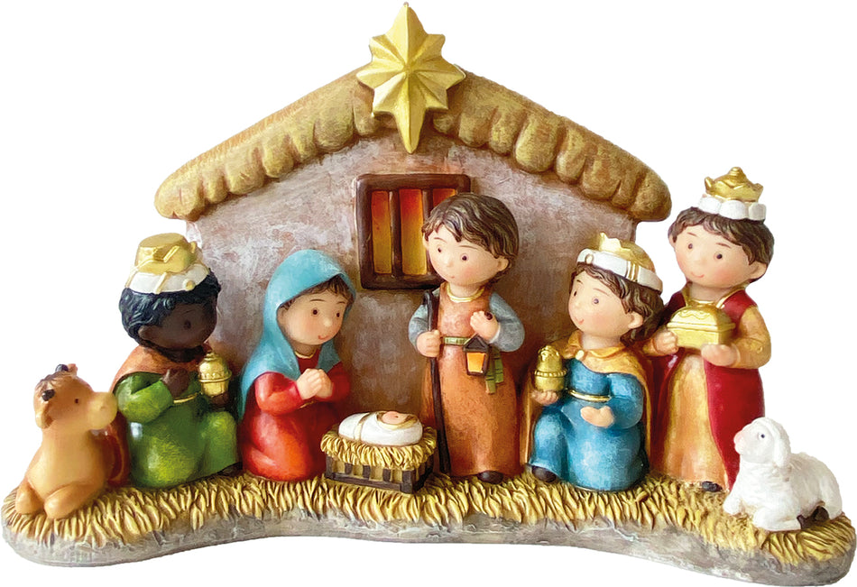 8x FADEDA Krippenfiguren kindlich, mit Stall   / Höhe:13 cm im Ø  / handbemalt / detailgetreue Krippen Figuren - Weihnachten Tisch Dekoration Krippe Zubehör