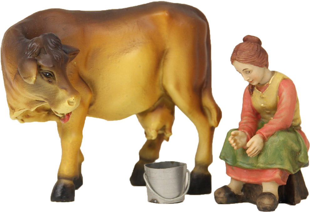 3x FADEDA Bäuerin mit Kuh beim Melken   / Höhe:9 cm / handbemalt / detailgetreue Krippen Figuren - Weihnachten Tisch Dekoration Krippe Zubehör