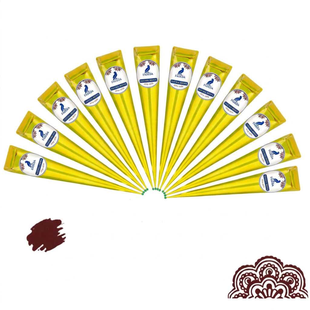 12x FADEDA 100% Natural Henna Paste Cones Kegel Natur-Braun No Mix, No PPD, 300g