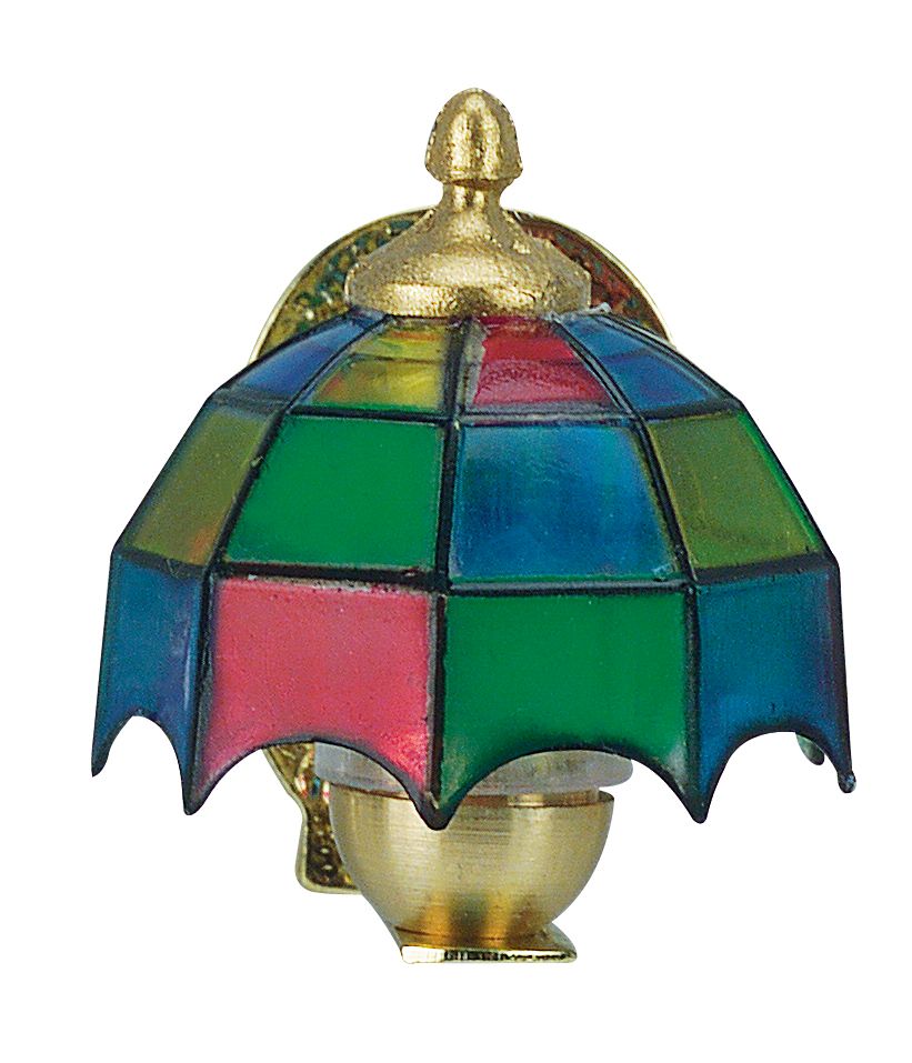 FADEDA Wandlampe mit LED-Beleuchtung in 12V mit Messingwandhalter und Tiffanyschirm, LxBxH in mm: 27x22x35. Für Krippen, Miniatur-, Hobby- und Modellbau, Puppenhauszubehör u. Modelleisenbahn.