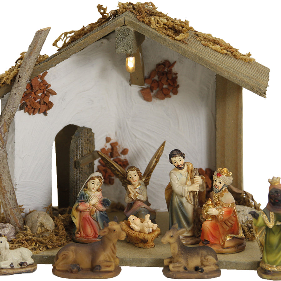 FADEDA Stall Edeldorf mit Licht   / Höhe:13 cm / handbemalt / detailgetreue Krippen Figuren - Weihnachten Tisch Dekoration Krippe Zubehör