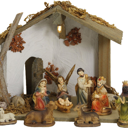 FADEDA Stall Edeldorf mit Licht   / Höhe:13 cm / handbemalt / detailgetreue Krippen Figuren - Weihnachten Tisch Dekoration Krippe Zubehör