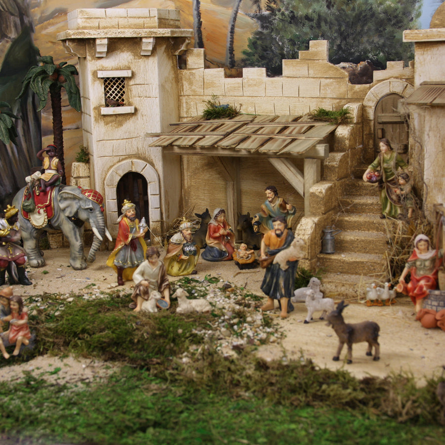 FADEDA Stall Bethlehem   / Höhe:35 cm / handbemalt / detailgetreue Krippen Figuren - Weihnachten Tisch Dekoration Krippe Zubehör