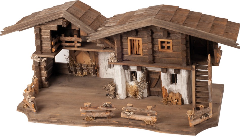 FADEDA Stall Chiemgau, gebeizt   / Höhe:36 cm / handbemalt / detailgetreue Krippen Figuren - Weihnachten Tisch Dekoration Krippe Zubehör