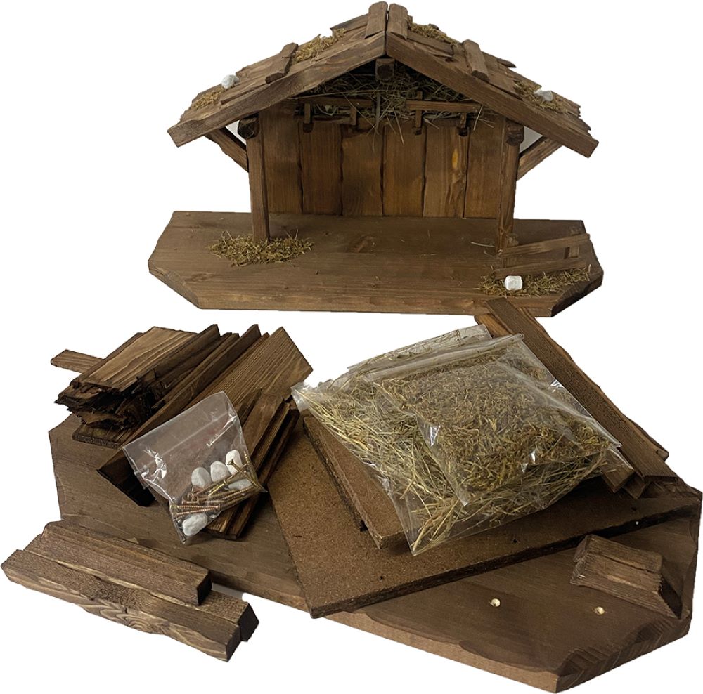 FADEDA Stall Bausatz mit Bodenplatte, Heu, Schrauben / Höhe:27 cm / handbemalt / detailgetreue Krippen Figuren - Weihnachten Tisch Dekoration Krippe Zubehör