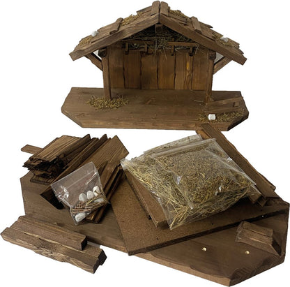 FADEDA Stall Bausatz mit Bodenplatte, Heu, Schrauben / Höhe:27 cm / handbemalt / detailgetreue Krippen Figuren - Weihnachten Tisch Dekoration Krippe Zubehör