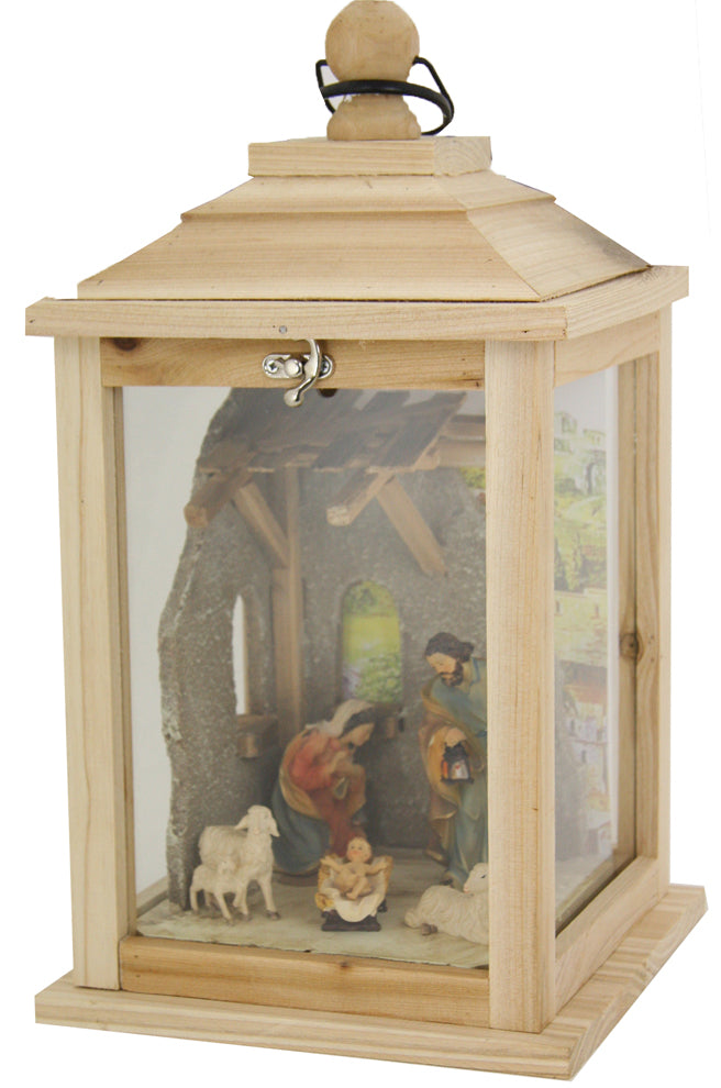 FADEDA Laterne nat. mit Hlg. Fam. und Schafen, LED   / Höhe:40 cm / handbemalt / detailgetreue Krippen Figuren - Weihnachten Tisch Dekoration Krippe Zubehör