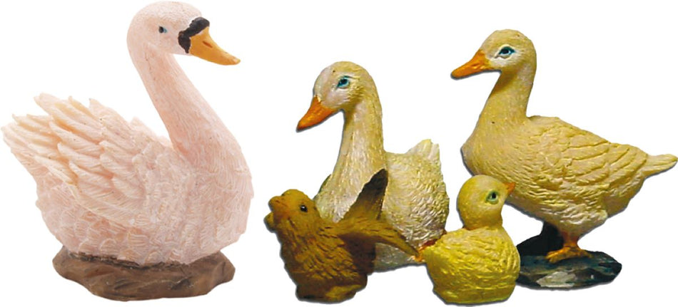 5x FADEDA Tiergruppe Enten mit Schwan   / Höhe:4 cm / handbemalt / detailgetreue Krippen Figuren - Weihnachten Tisch Dekoration Krippe Zubehör