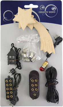 11x FADEDA Zubehörkarte Elektro, Krippenbeleuchtung 4,5V LED, 5-fach Verteiler, mit Elektrokabel, Laterne, Glühbirnchen, Verlängerungskabel